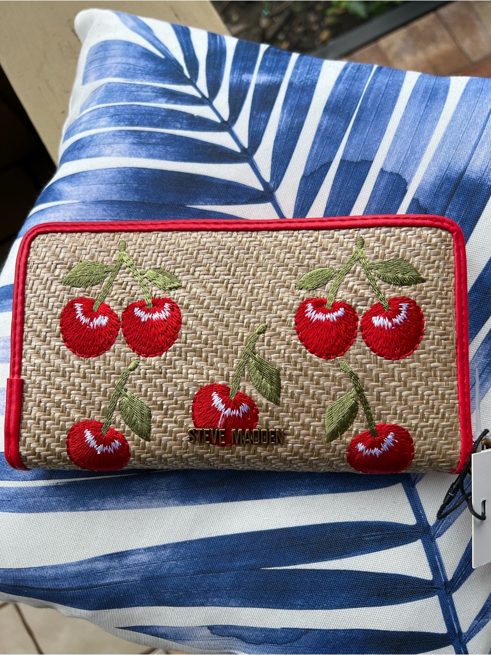 Steve Madden Red Cherry Embroidered Straw Wristlet - Picture 3 of 9